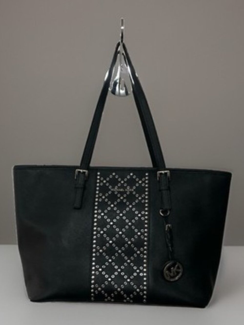 Michael Kors Black Tote Bag Grommet Panel Logo Charm Silver Hardware Women